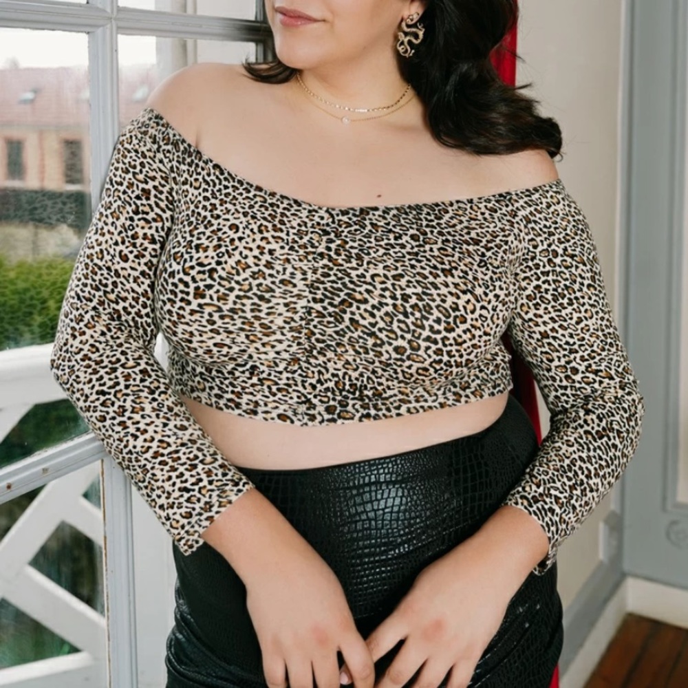 SOLD Plus Ruched Detail Leopard Bardot Crop Top